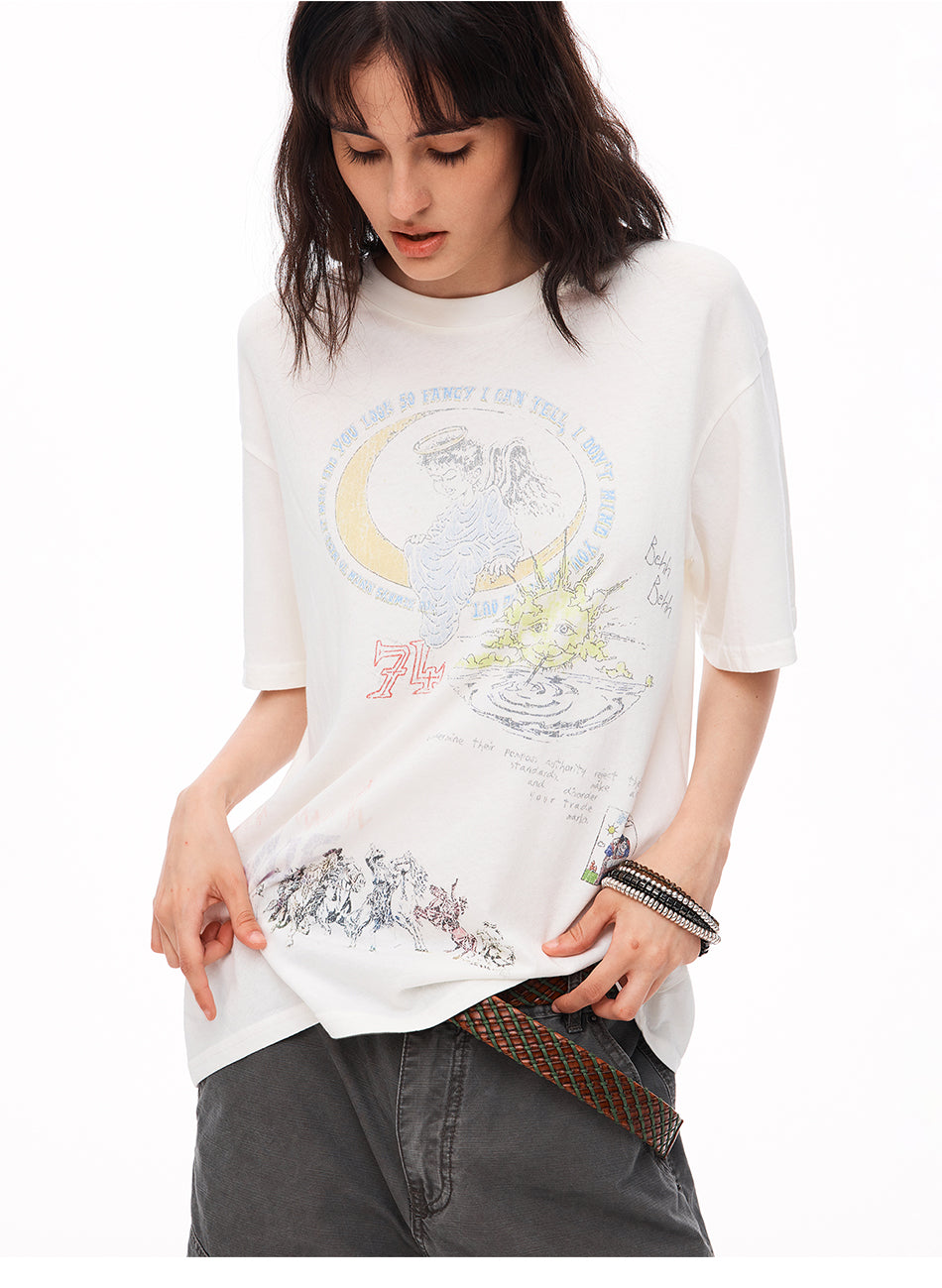 MADWITCH HAND-DRAWN ANGEL GRAFFITI WASHED TEE #TH151