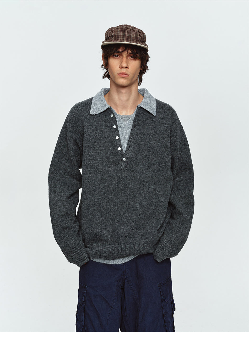 MADWITCH LAYERED CONTRAST-COLLAR BUTTON-PLACKET POLO SWEATER #68562