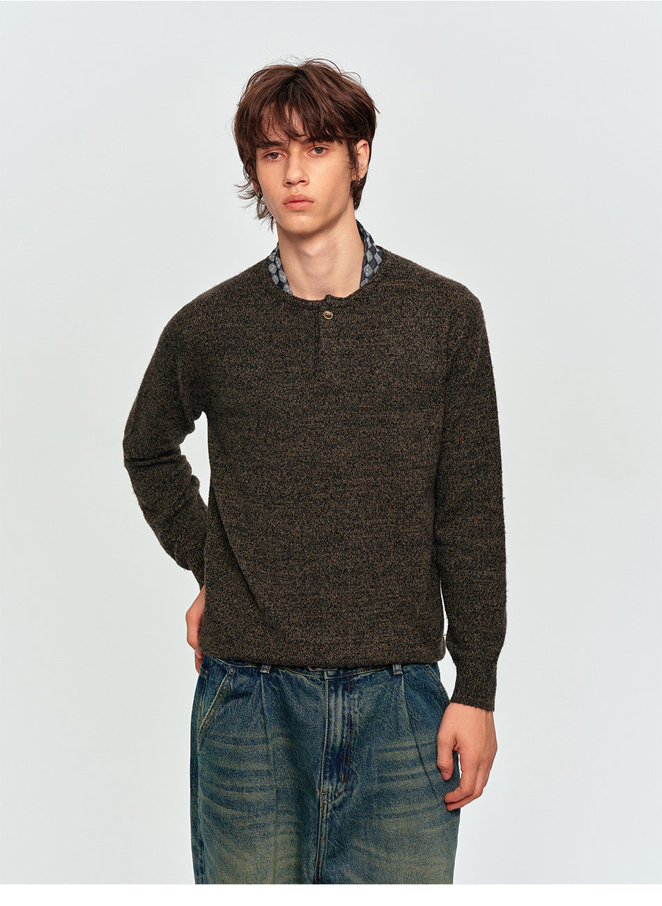 MADWITCH TEXTURED MARLED WOOL-BLEND HENLEY SWEATER #11826