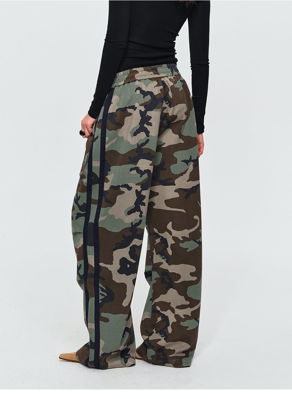 MADWITCH EMBROIDERED SIDE-STRIPE CAMO WIDE-LEG PANTS #CK61091