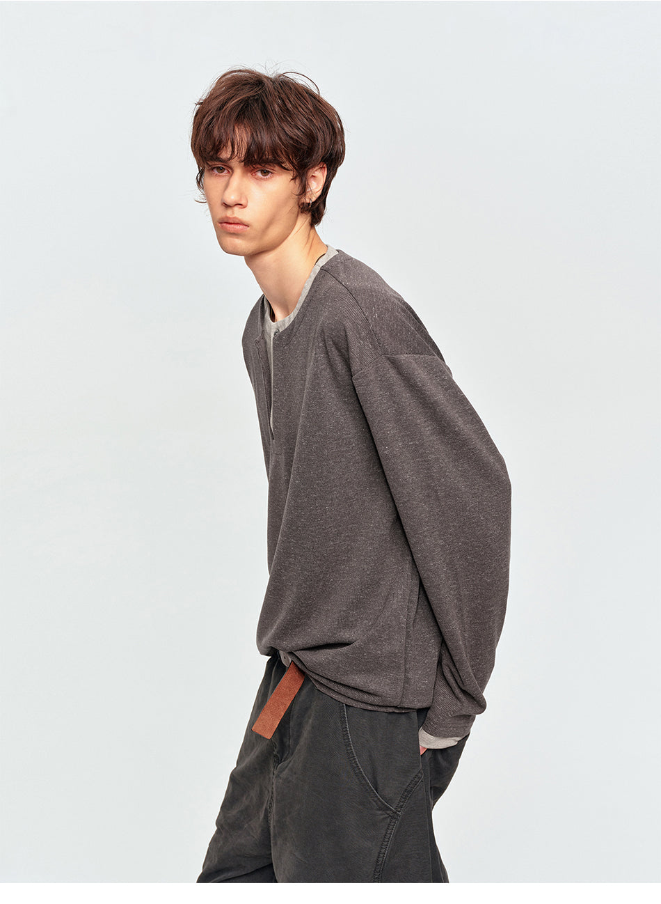MADWITCH CONTRAST-RIB MARLED HENLEY SHIRT #880938