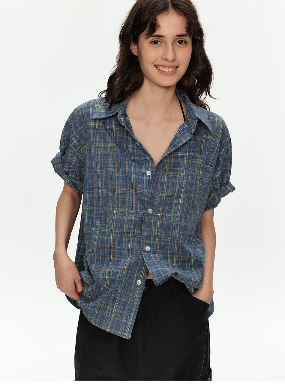 MADWITCH VINTAGE PLAID SHORT SLEEVE SHIRT #B171