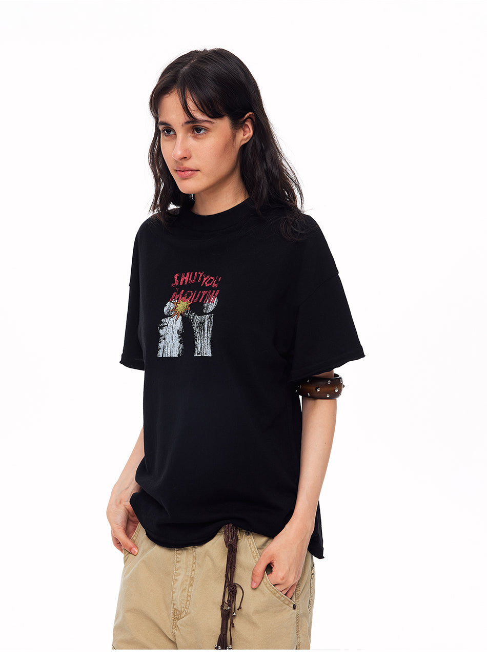 MADWITCH DISTRESSED SLOGAN SILHOUETTE GRAPHIC TEE #TC137