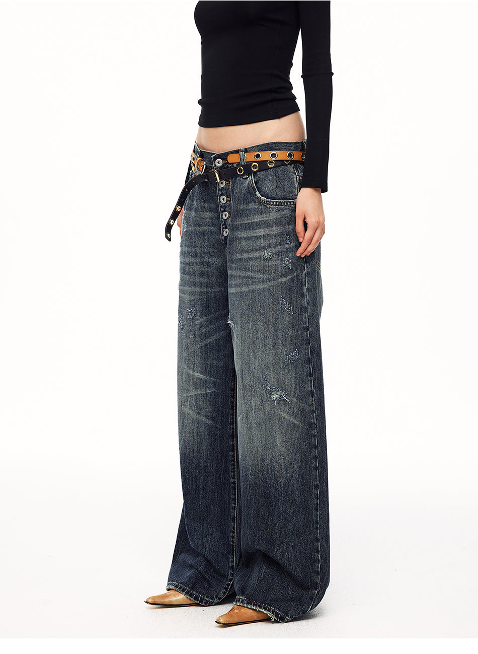 MADWITCH UNISEX MULTI-BUTTON WASHED WIDE-LEG JEANS #GPC9838