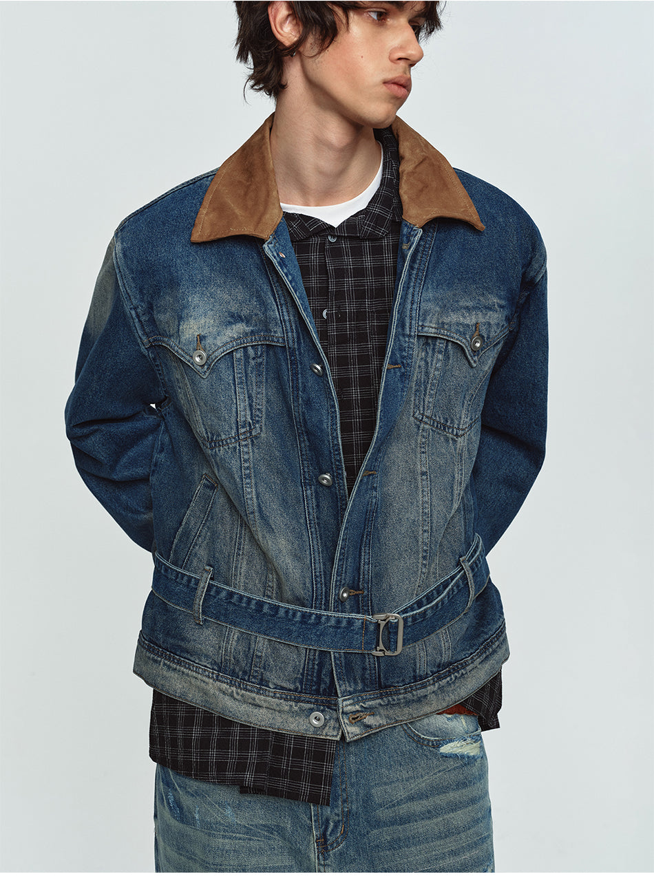 MADWITCH CONTRAST-COLLAR WASHED DISTRESSED DENIM JACKET #Z1650