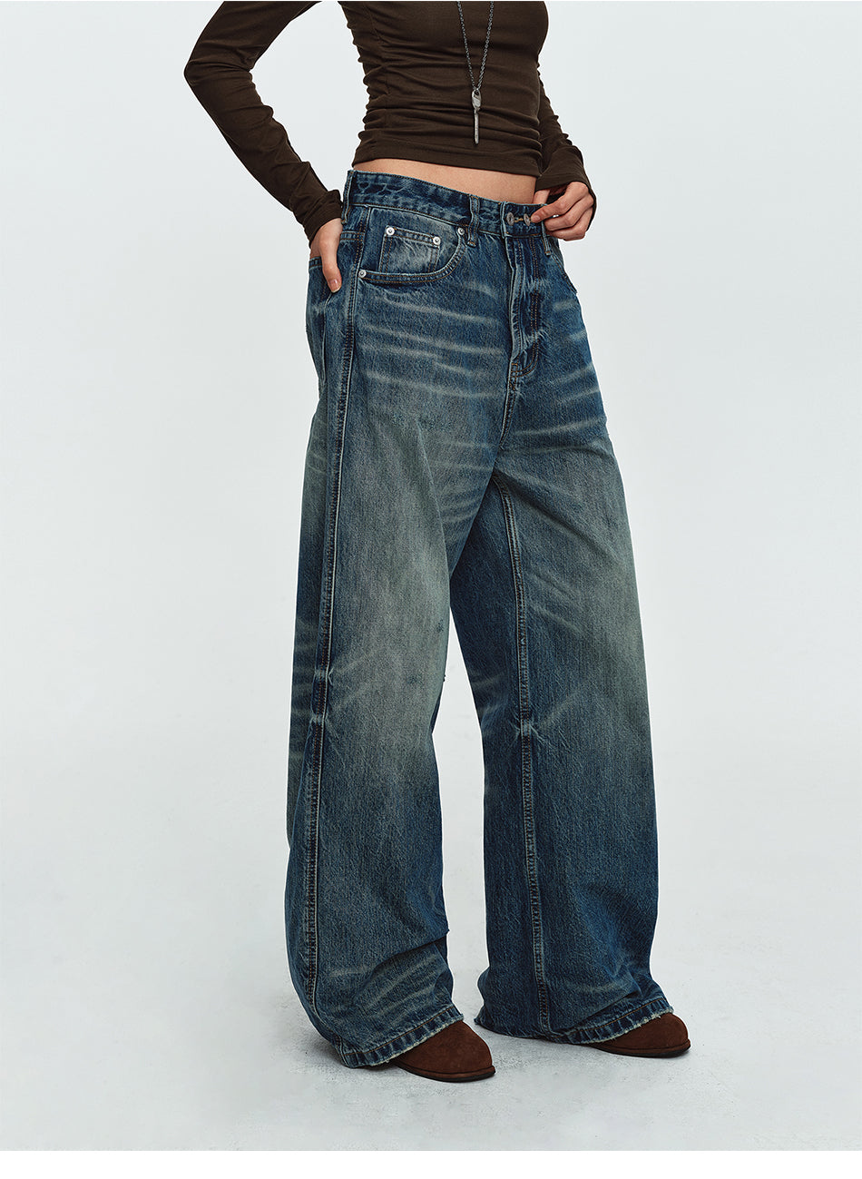 MADWITCH DOUBLE-BUTTON WASHED WIDE-LEG JEANS #GPC9857