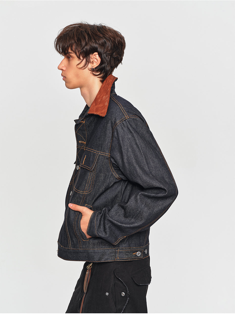 MADWITCH PONY-HAIR COLLAR DUAL-POCKET DENIM JACKET #2606WT3027