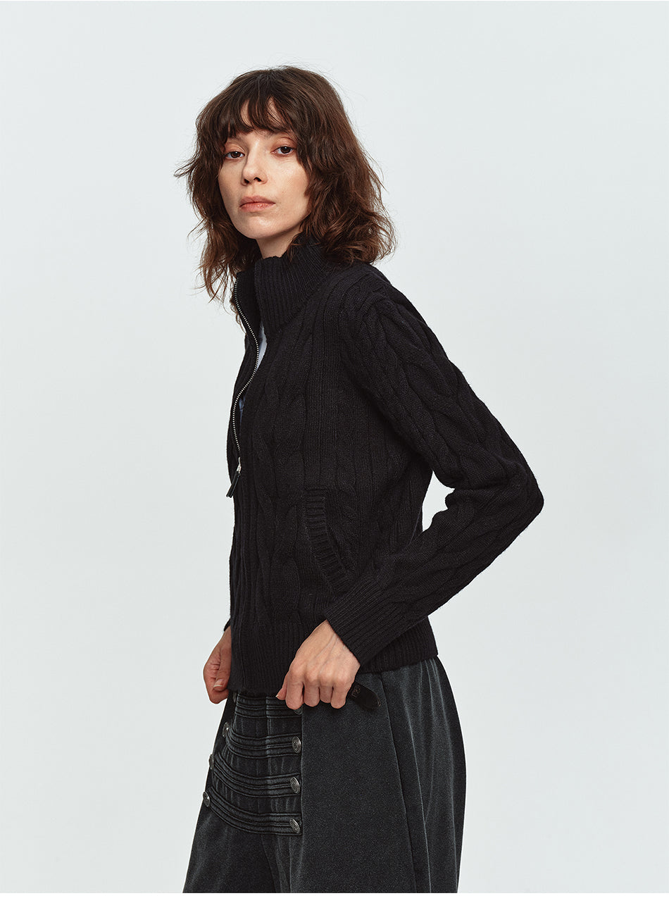 MADWITCH CABLE-KNIT STAND-COLLAR CARDIGAN SWEATER #L2026709
