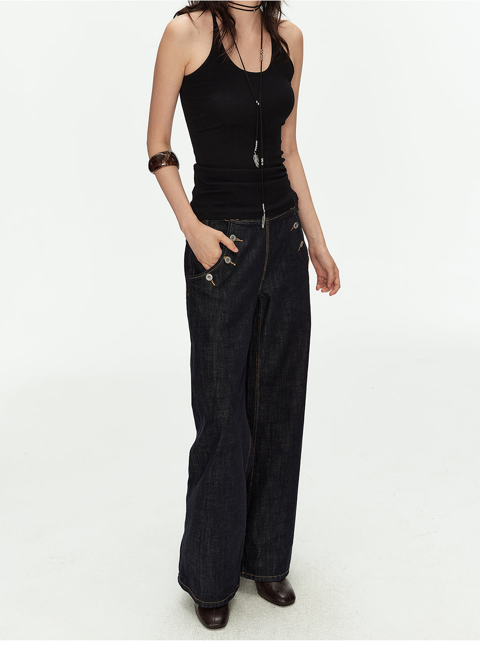 MADWITCH VINTAGE BUTTON SIDE WIDE JEANS #GPC9816N