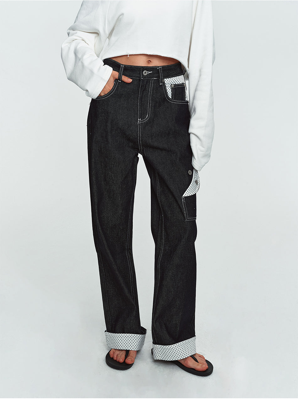 MADWITCH POLKA-DOT PATCHWORK CUFFED WIDE-LEG JEANS #G60107