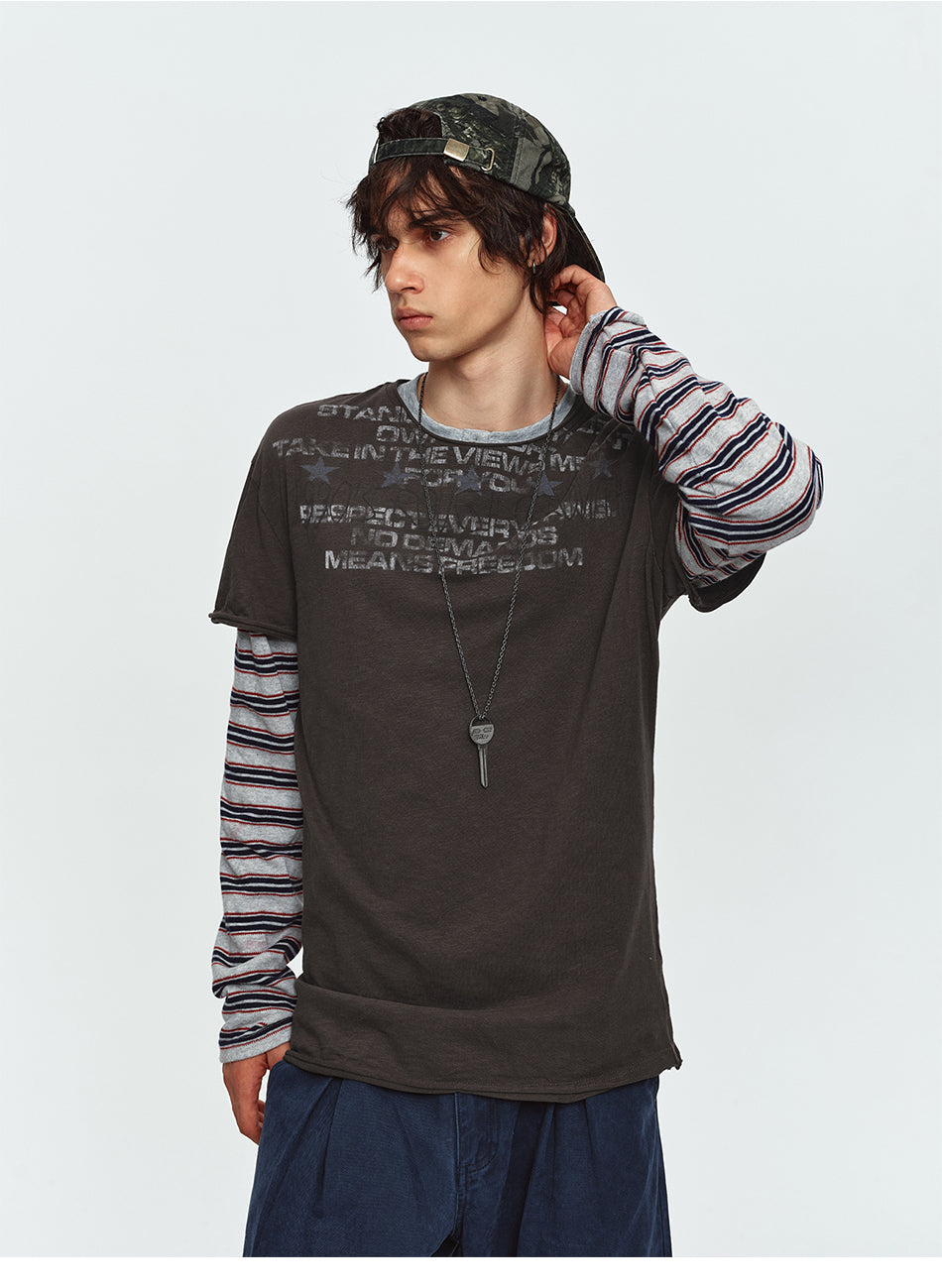 MADWITCH STRIPED-LAYERED LETTER-PRINT LONG-SLEEVE T-SHIRT #TC186