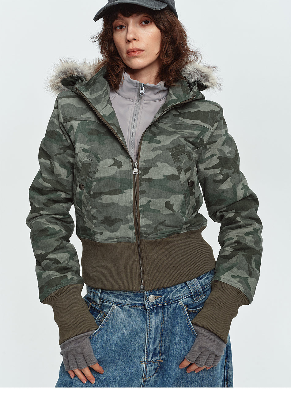 MADWITCH FAUX-FUR HOODED CINCHED CROPPED CAMO PUFFER #L2026539