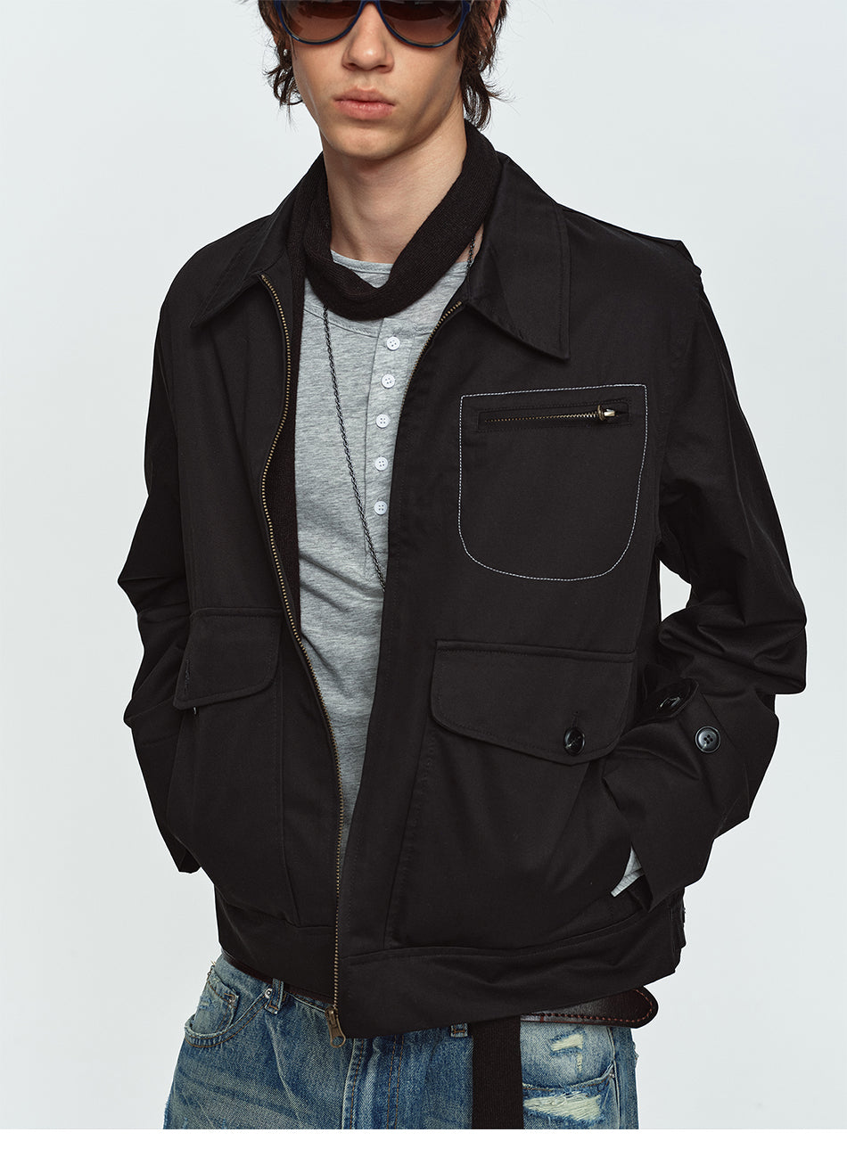 MADWITCH CONTRAST-STITCH MULTI-POCKET COLLARED UTILITY JACKET #GPCW1379