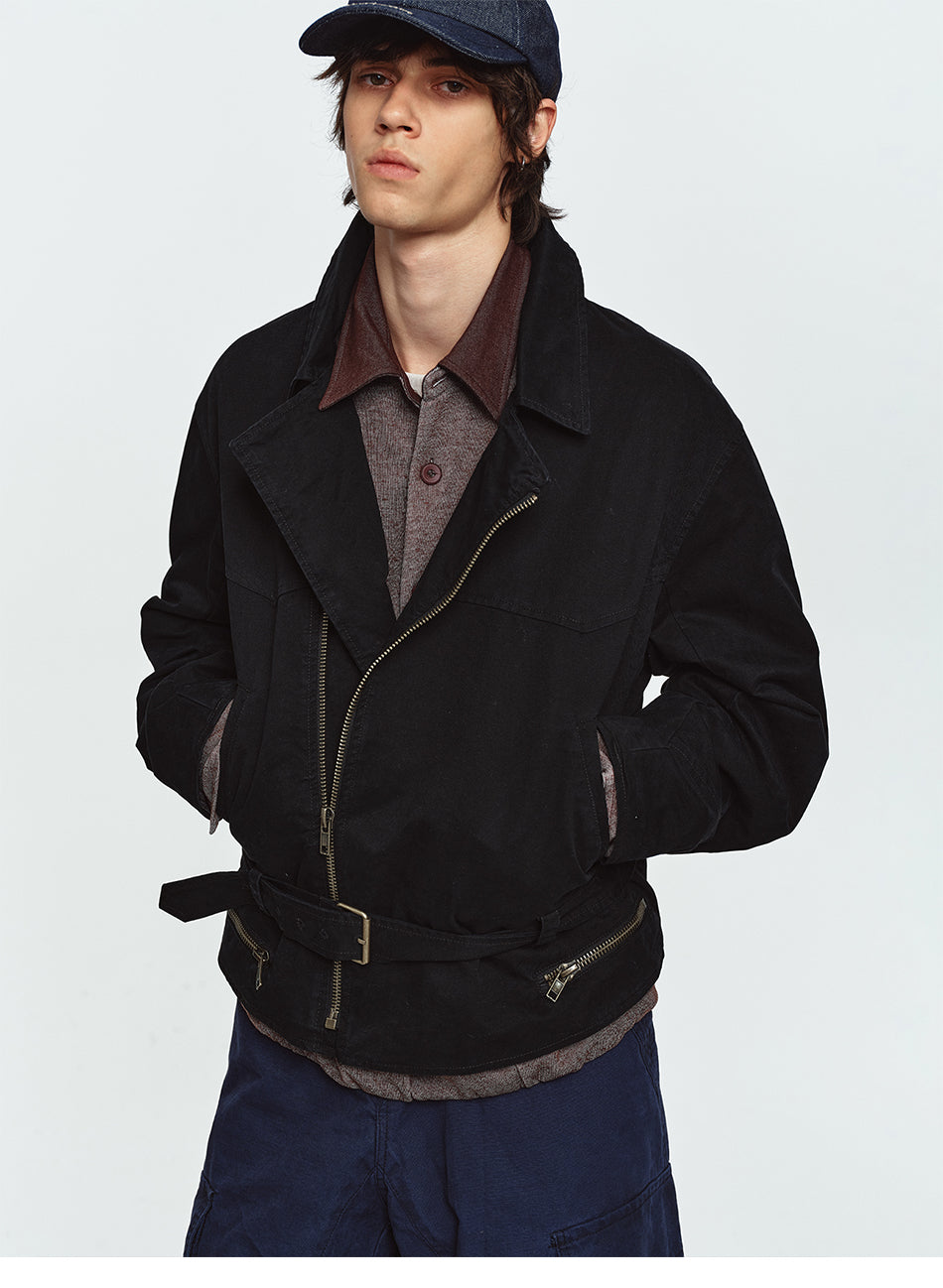 MADWITCH ASYMMETRICAL-ZIP BELTED CROPPED BIKER JACKET #CW1376