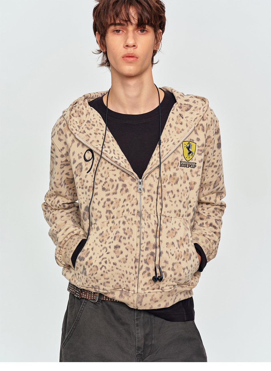 MADWITCH LEOPARD-PRINT EMBROIDERED CROPPED ZIP HOODIE #2604WY7021