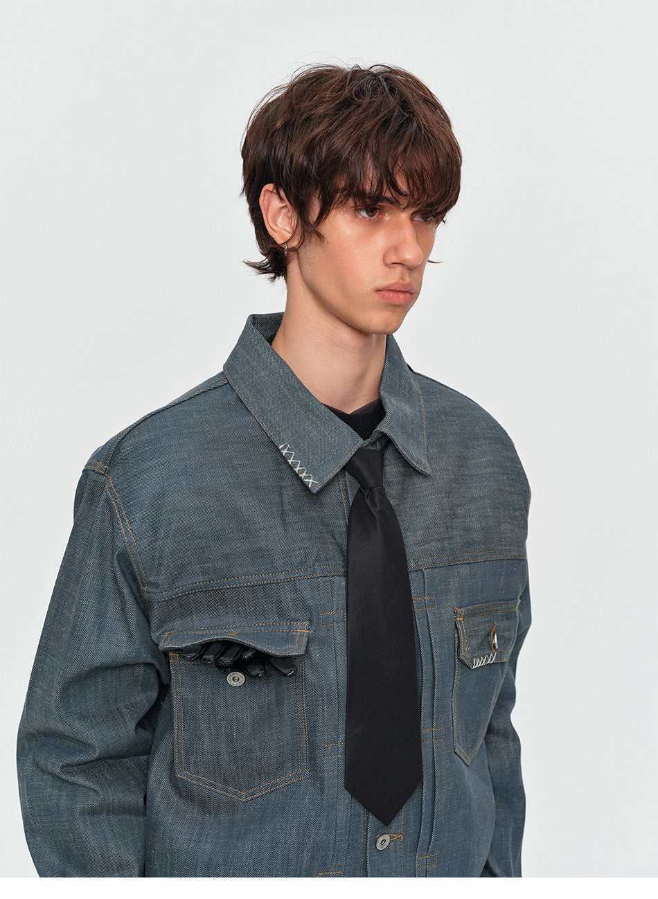 MADWITCH CONTRAST-STITCH DUAL-POCKET CROPPED DENIM JACKET #2605WT3009