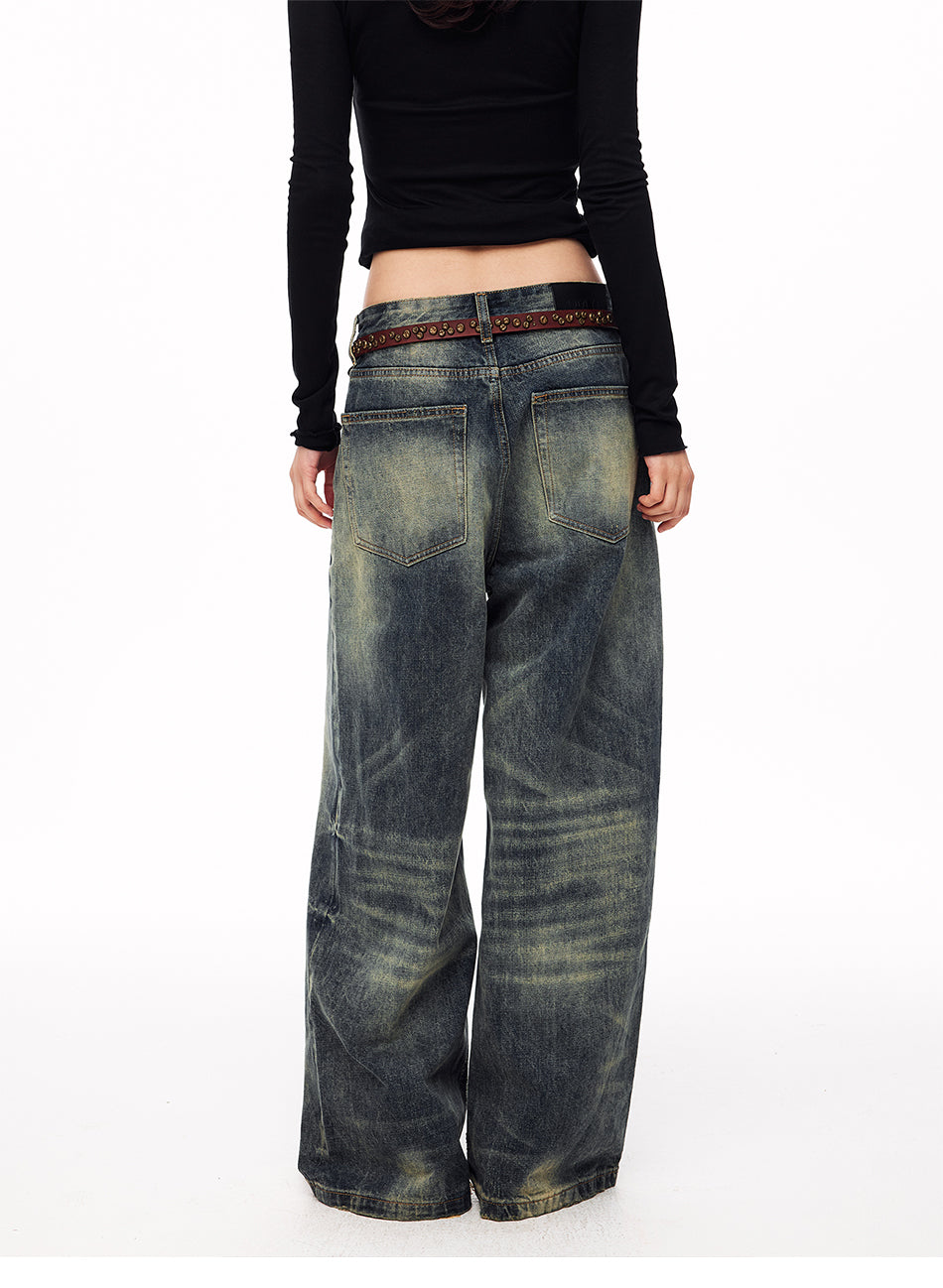 MADWITCH BUTTON-FLY DISTRESSED WIDE-LEG JEANS #DR8218