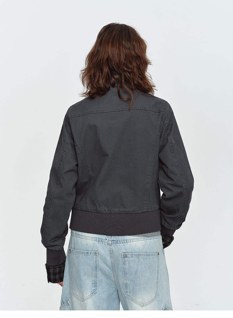MADWITCH WASHED DISTRESSED MULTI-POCKET STAND-COLLAR CROPPED UTILITY JACKET #N606