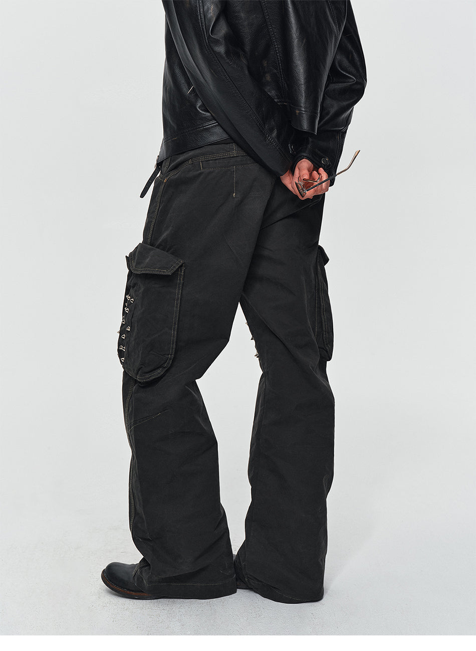 MADWITCH STUDDED WASHED MULTI-POCKET CARGO PANTS #L2026580