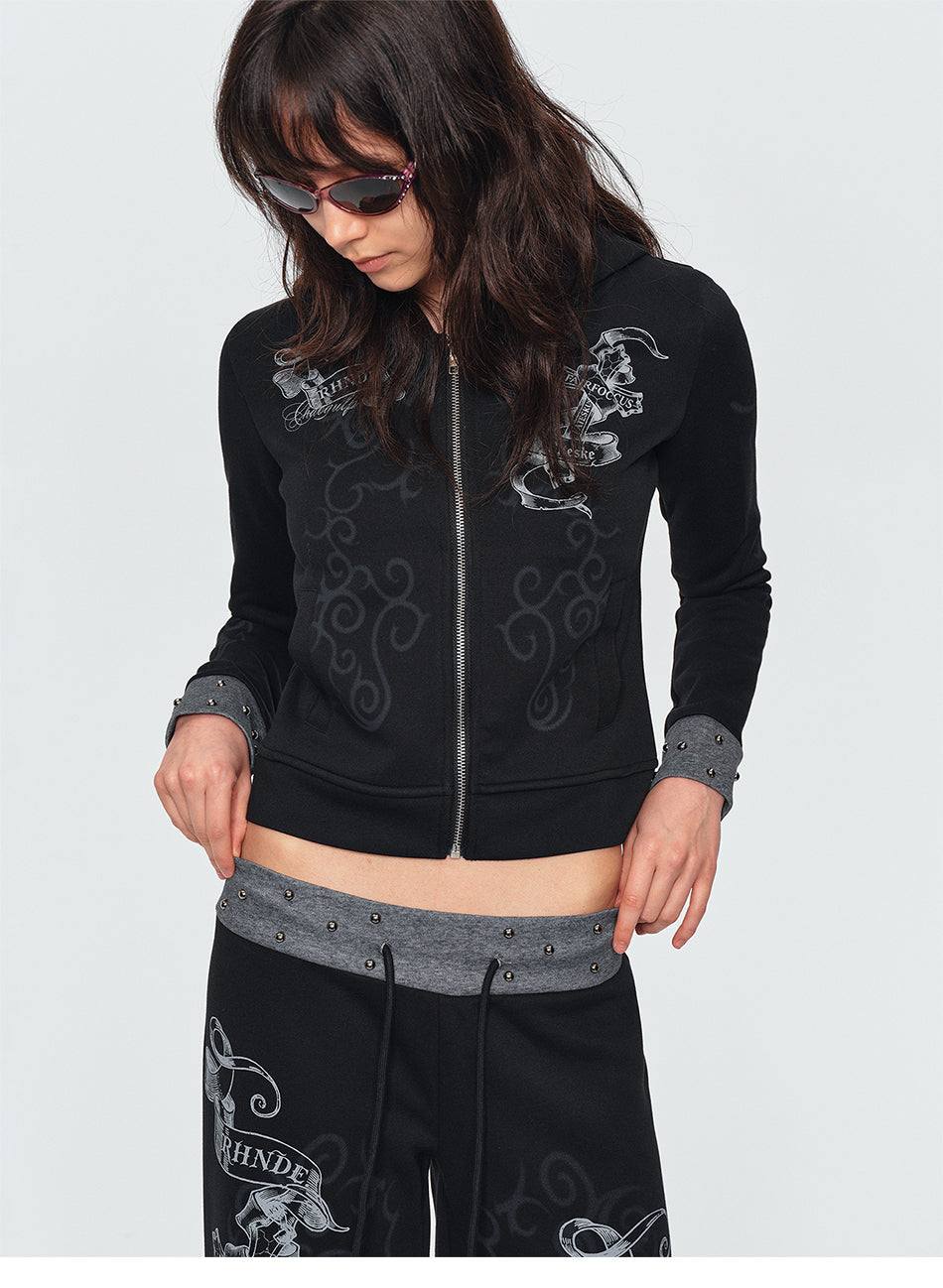 MADWITCH STUDDED SCROLL-PRINT HOODIE CARDIGAN #L2026544