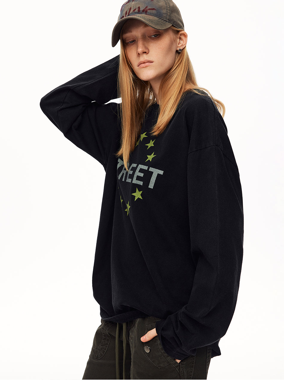 MADWITCH STREETWEAR DISTRESSED STAR-PRINT LONG-SLEEVE T-SHIRT #N2193