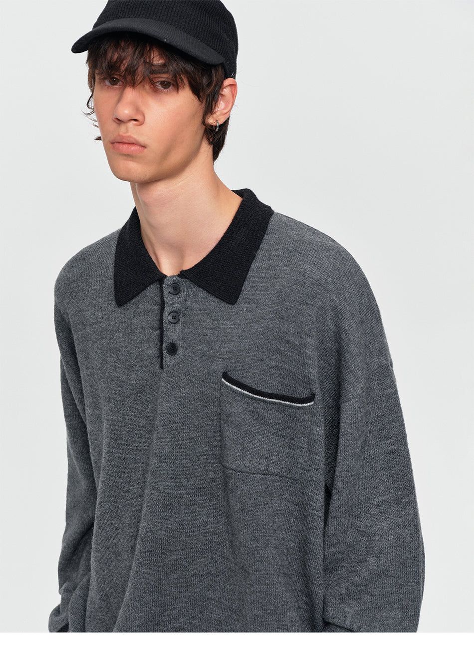 MADWITCH MARLED CONTRAST-COLLAR POLO SWEATER #AW26823