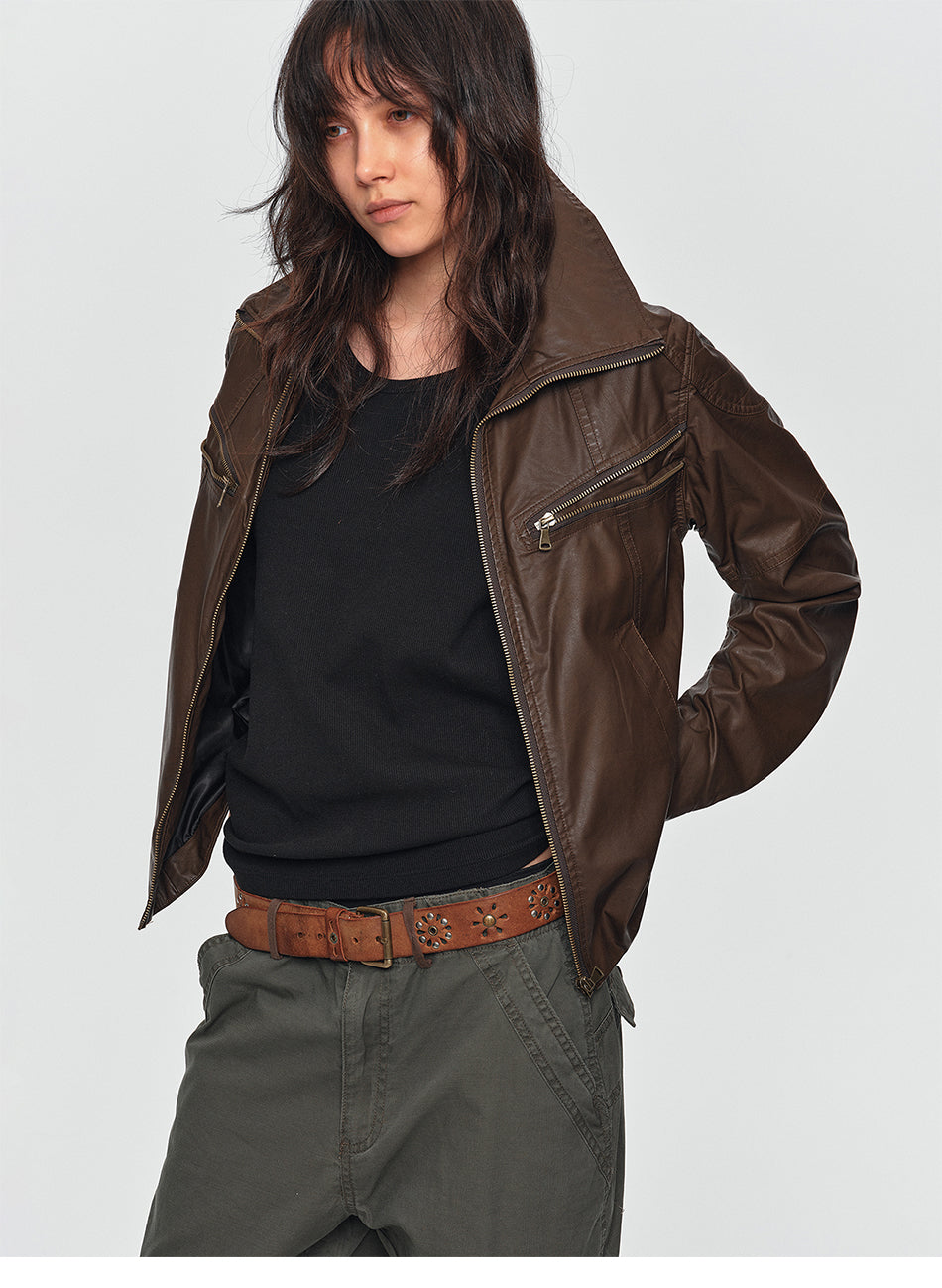MADWITCH DISTRESSED MULTI-ZIP STAND-COLLAR LEATHER MOTO JACKET #251623