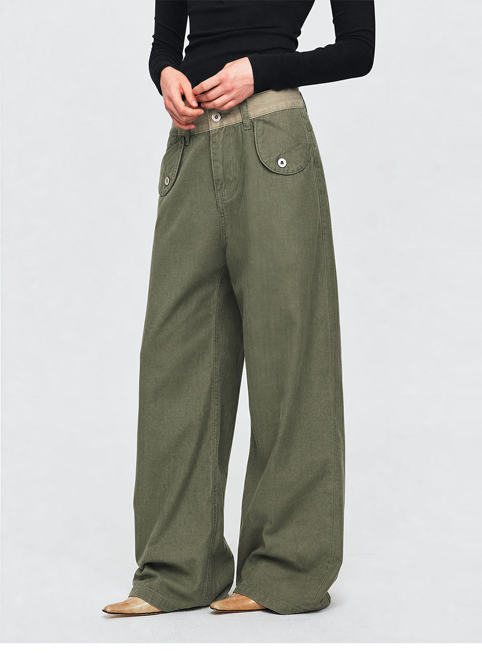 MADWITCH CONTRAST-WAIST FLAP-POCKET CARGO PANTS #Z071