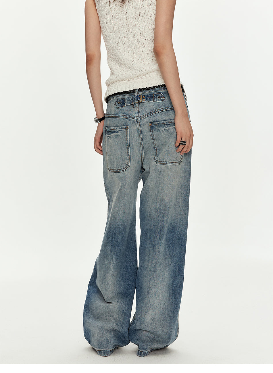 MADWITCH VINTAGE WASHED MARTINGALE WIDE JEANS #GPC9812