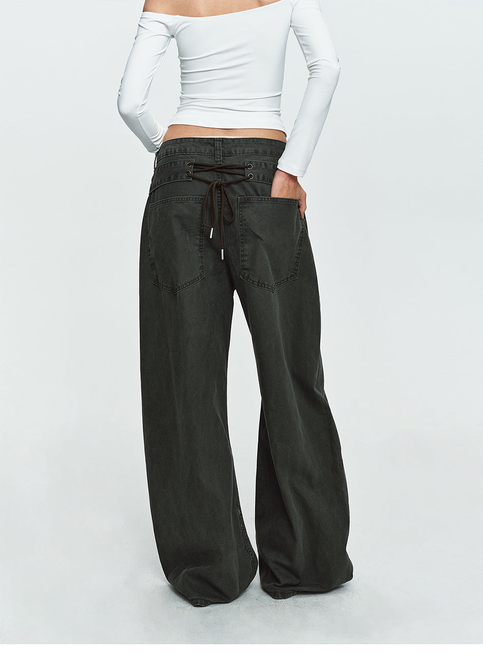 MADWITCH CURVED-LEG WASHED LACE-BACK TROUSERS #K7386