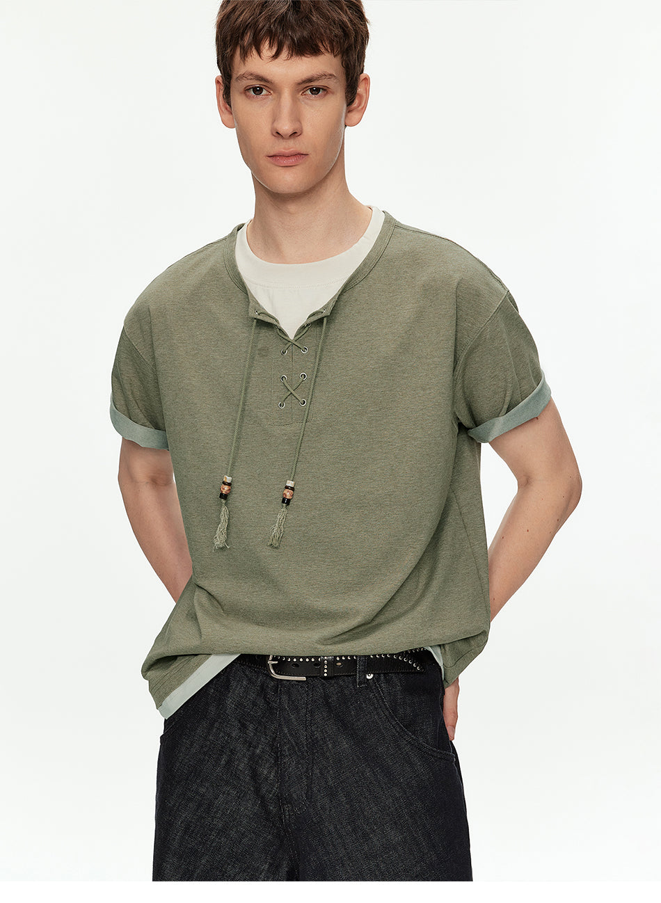 MADWITCH HENLEY NECK BEADED T SHIRT #991262