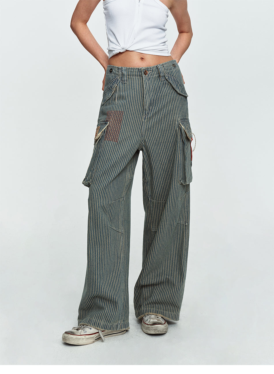 MADWITCH WASHED STRIPED MULTI-POCKET CARGO PANTS #CK9860