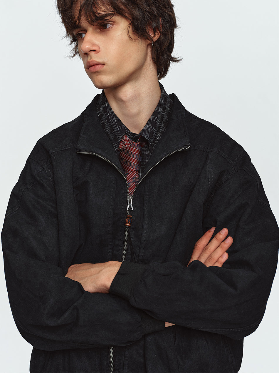 MADWITCH DISTRESSED STAND-COLLAR RIBBED-HEM CROPPED HARRINGTON JACKET #2607WT5116