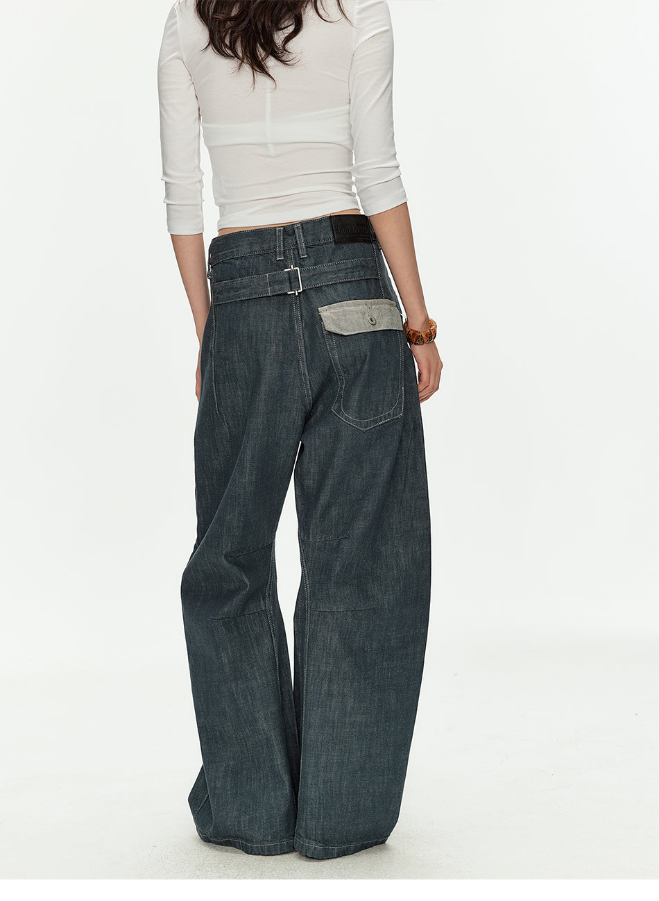 MADWITCH TEAL WASHED MARTINGALE WIDE JEANS #GPH9808