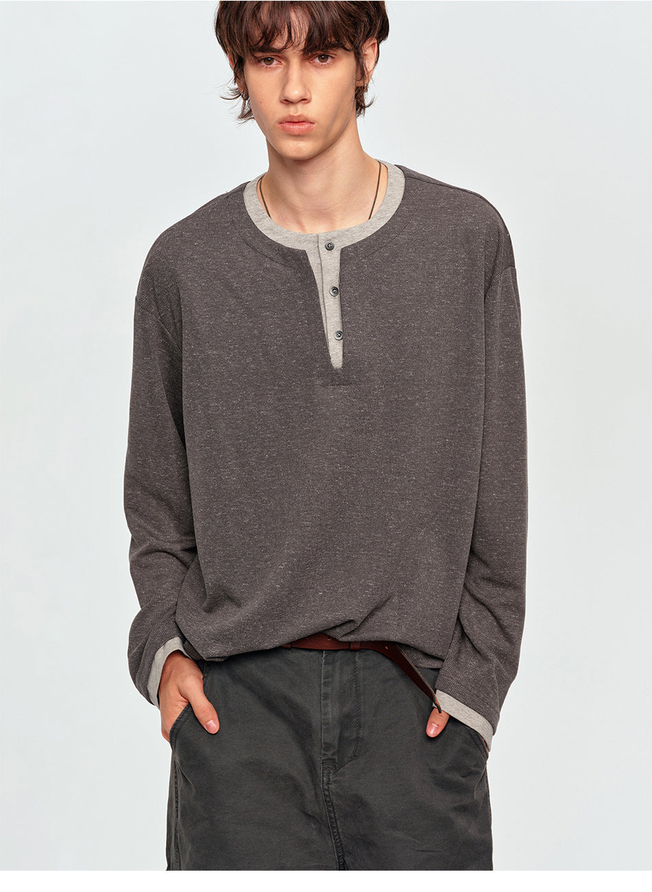 MADWITCH CONTRAST-RIB MARLED HENLEY SHIRT #880938