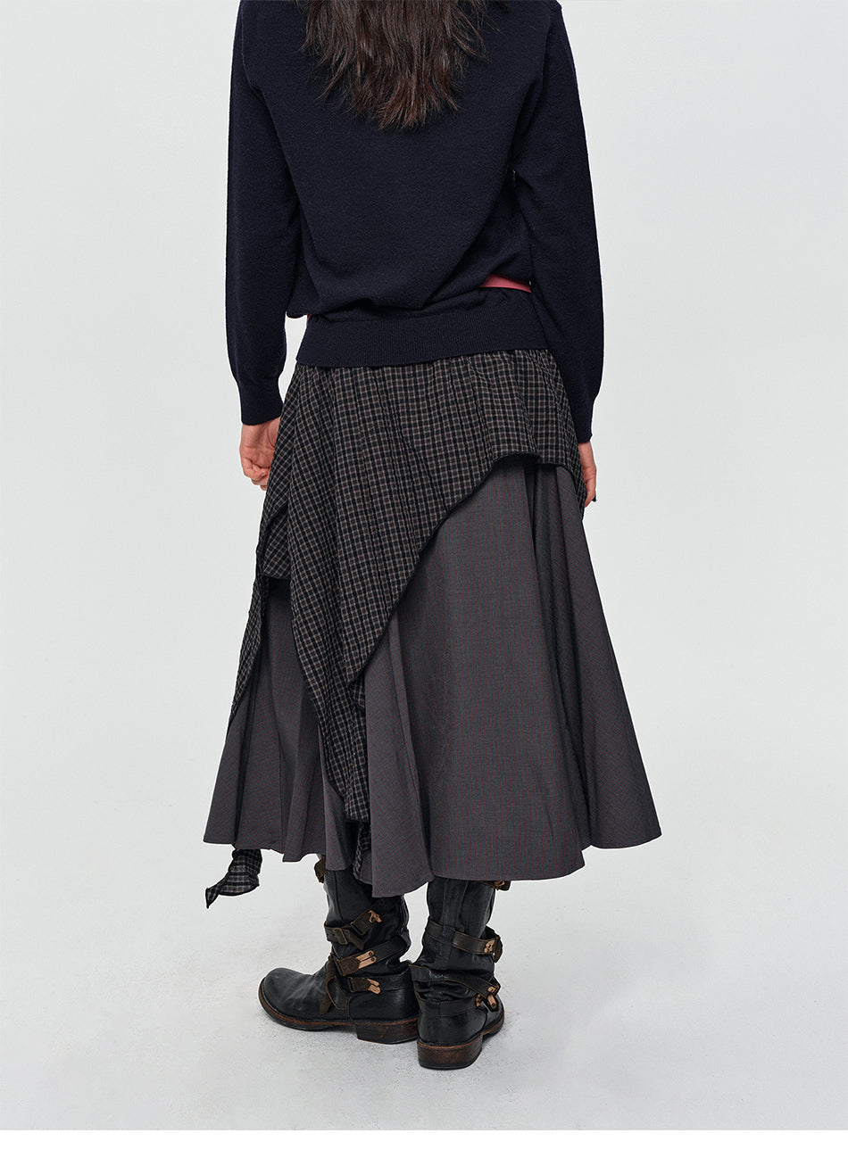 MADWITCH ASYMMETRIC LAYERED PLAID FLARE MIDI SKIRT #K102