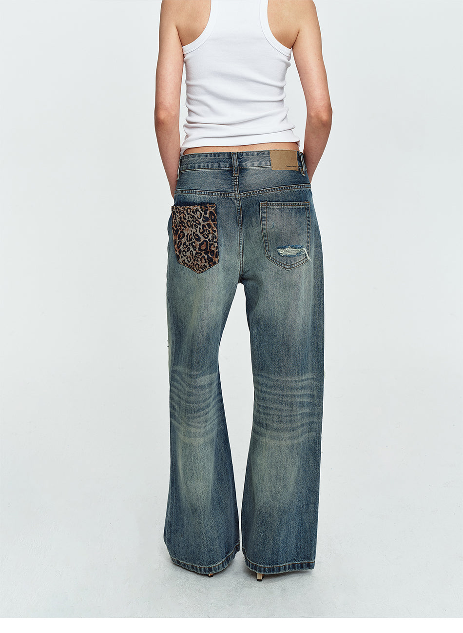 MADWITCH LEOPARD-POCKET DISTRESSED WIDE-LEG JEANS #G60073