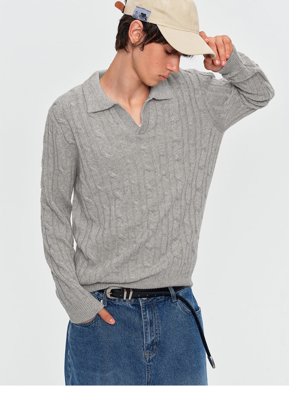 MADWITCH TEXTURED CABLE-KNIT WOOL-BLEND POLO SWEATER #11892