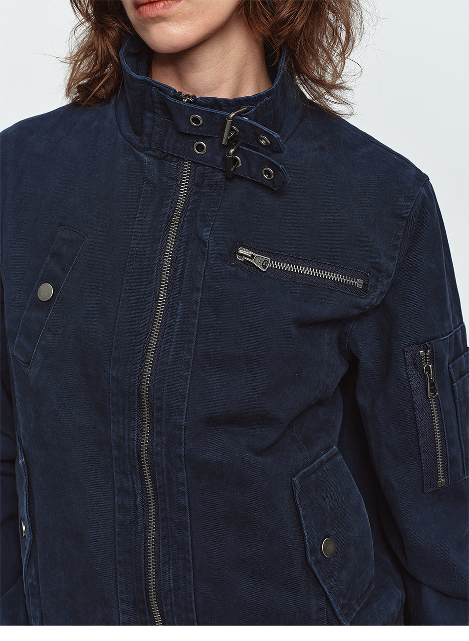 MADWITCH BUCKLED-COLLAR MULTI-POCKET WASHED CROPPED JACKET #N607