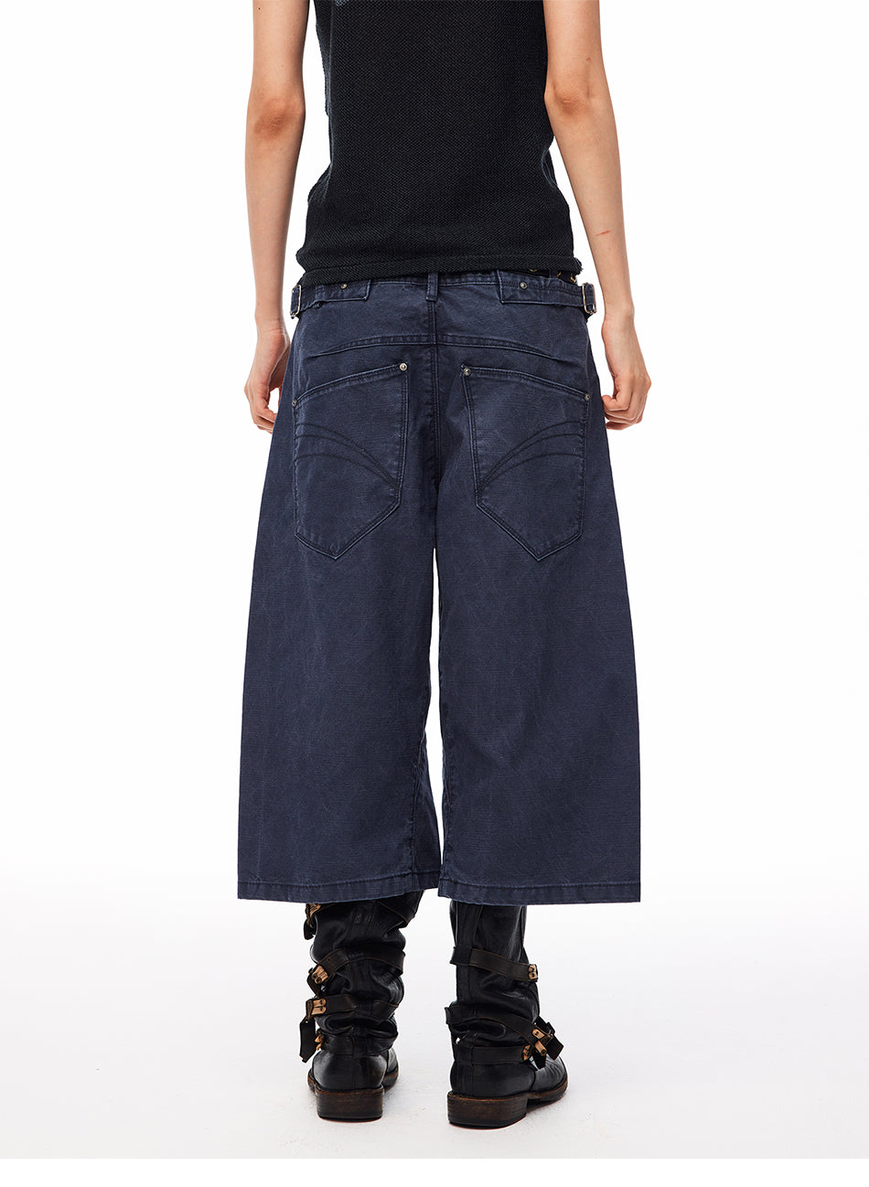 MADWITCH WASHED DISTRESSED ADJUSTABLE CAPRI PANTS #GPC9850D