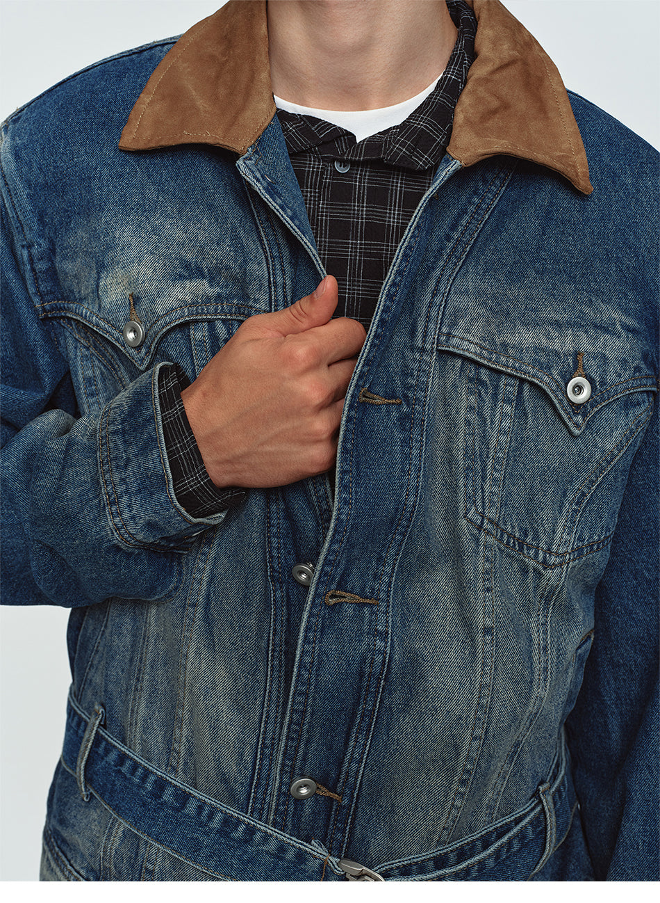 MADWITCH CONTRAST-COLLAR WASHED DISTRESSED DENIM JACKET #Z1650