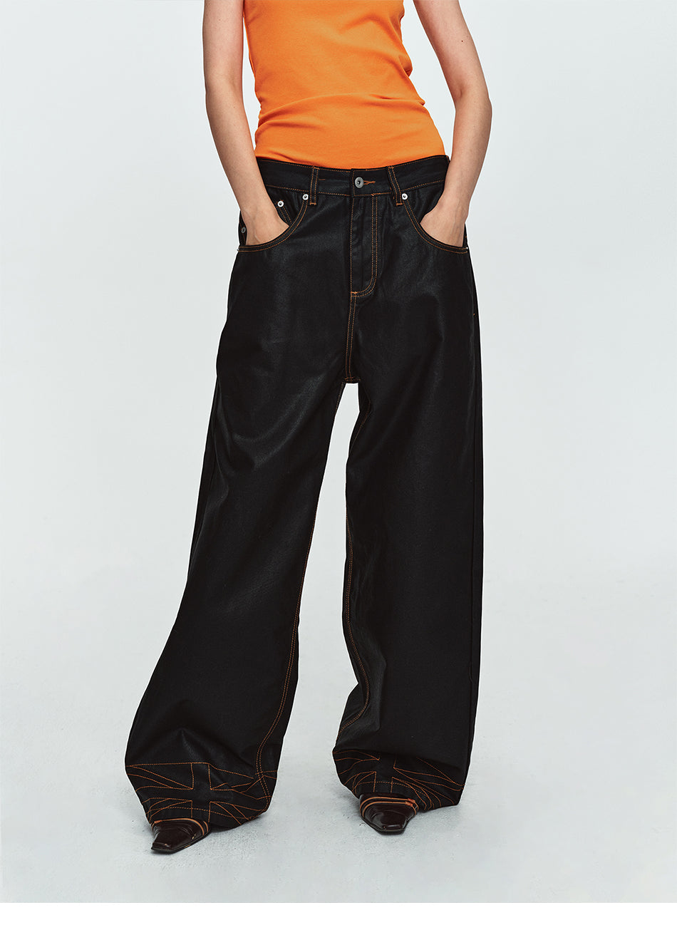 MADWITCH CONTRAST-STITCH WAXED-BLACK WIDE-LEG JEANS #GPC3659