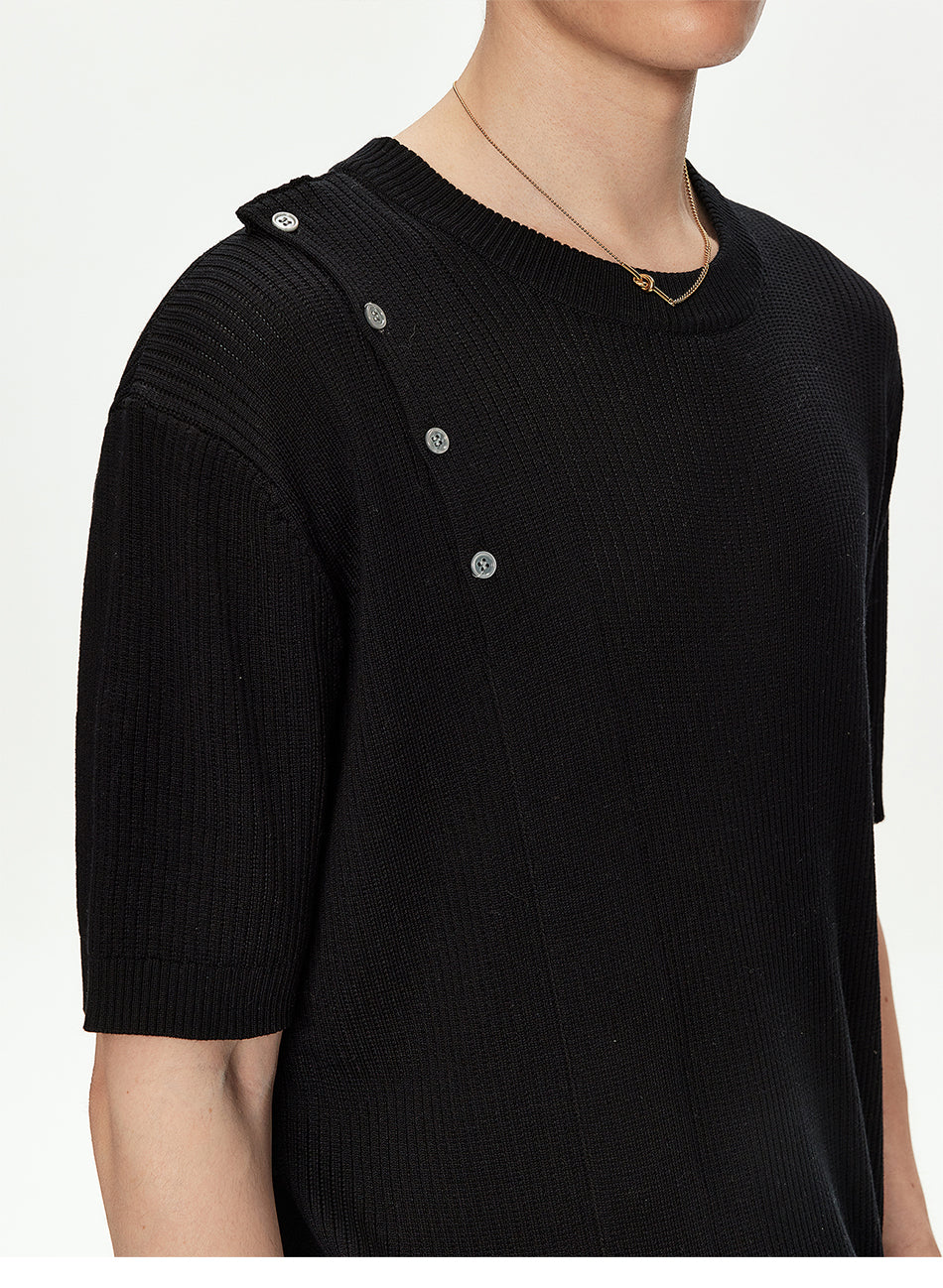 MADWITCH ASYMMETRIC BUTTON RIBBED KNIT TEE #MY26503