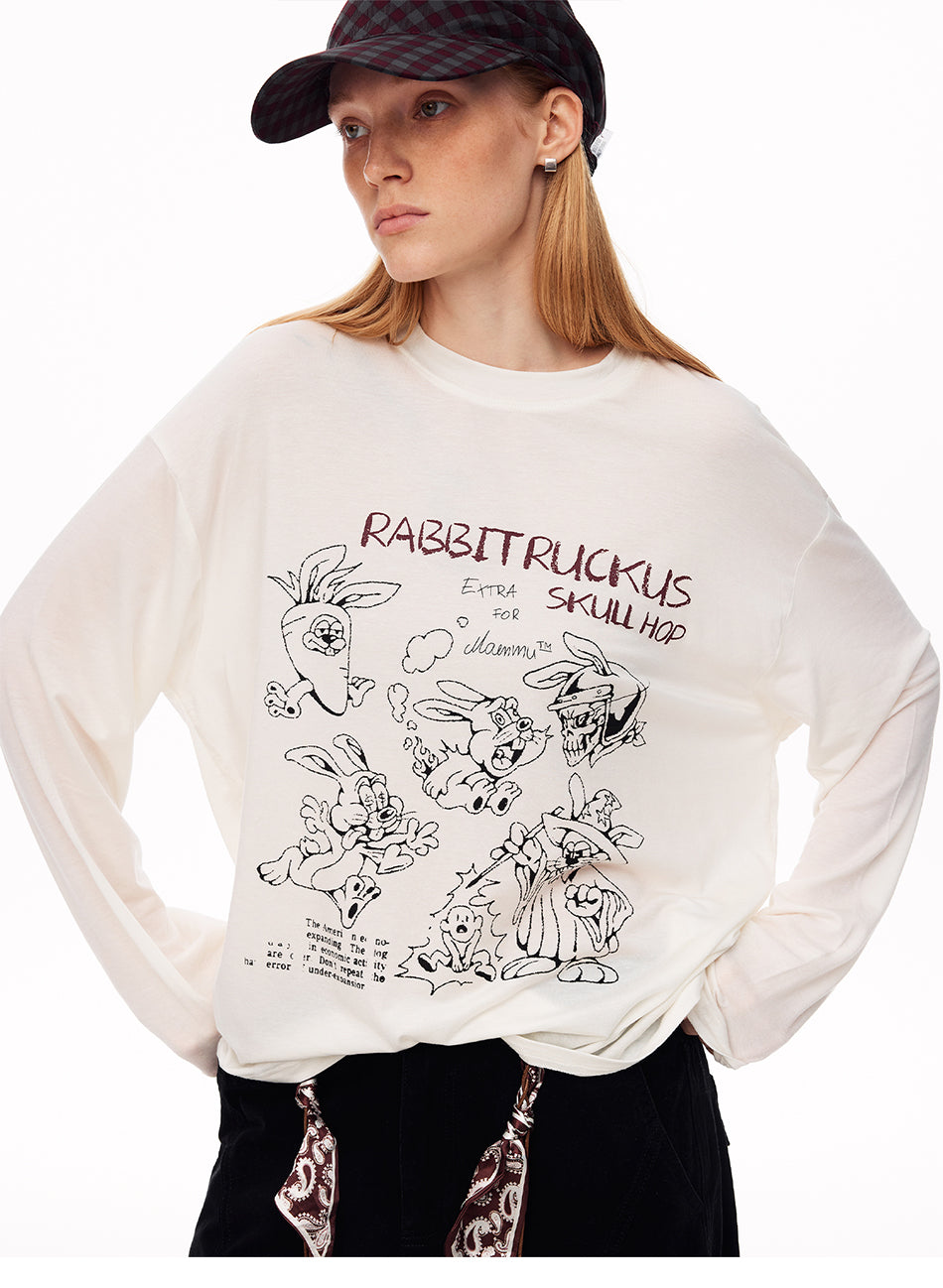 MADWITCH LOOSE RABBIT-PRINT LYOCELL LONG-SLEEVE T-SHIRT #N2191