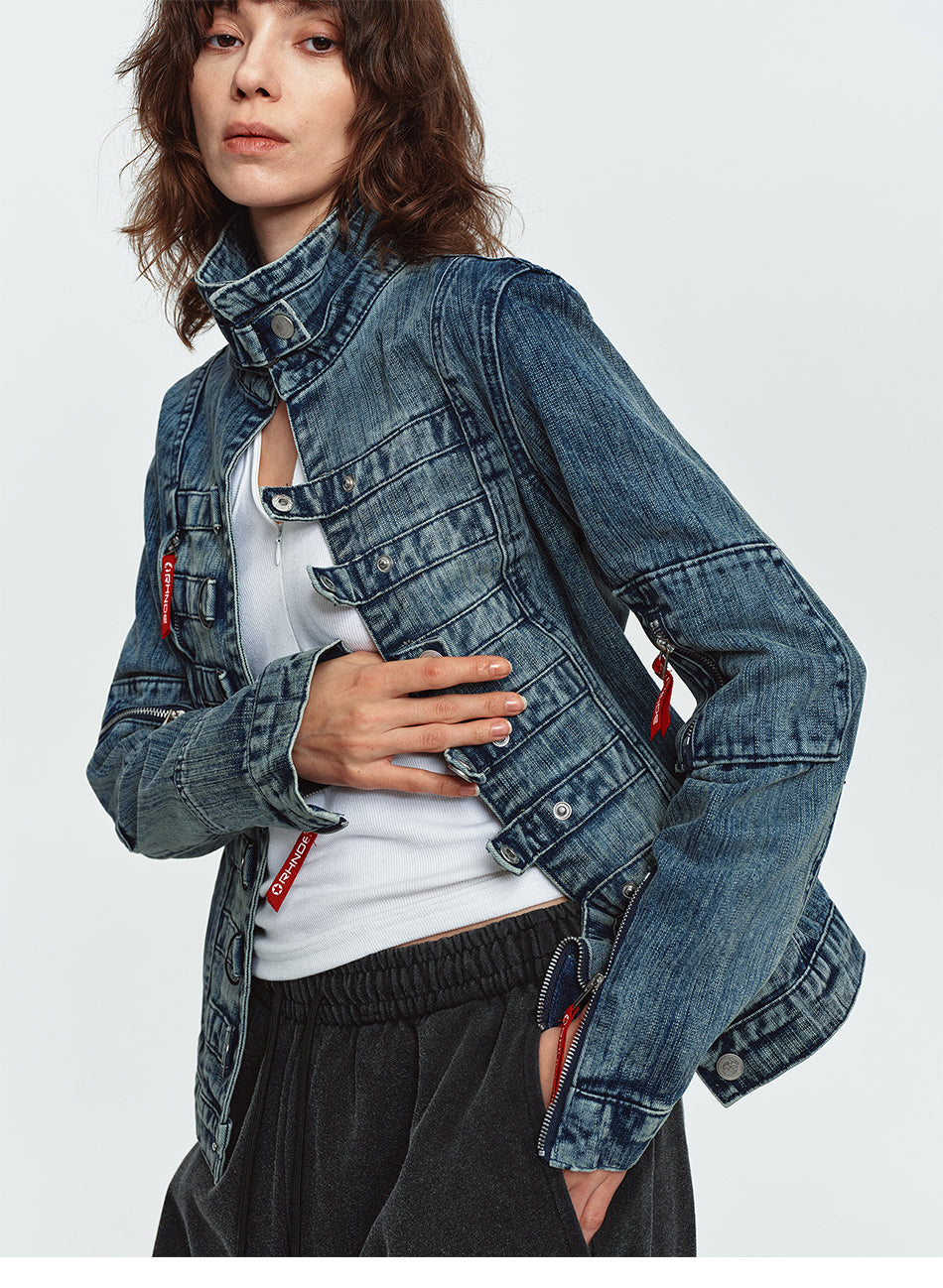 MADWITCH NAPOLEON-BUTTON WASHED CROPPED DENIM JACKET #2026126