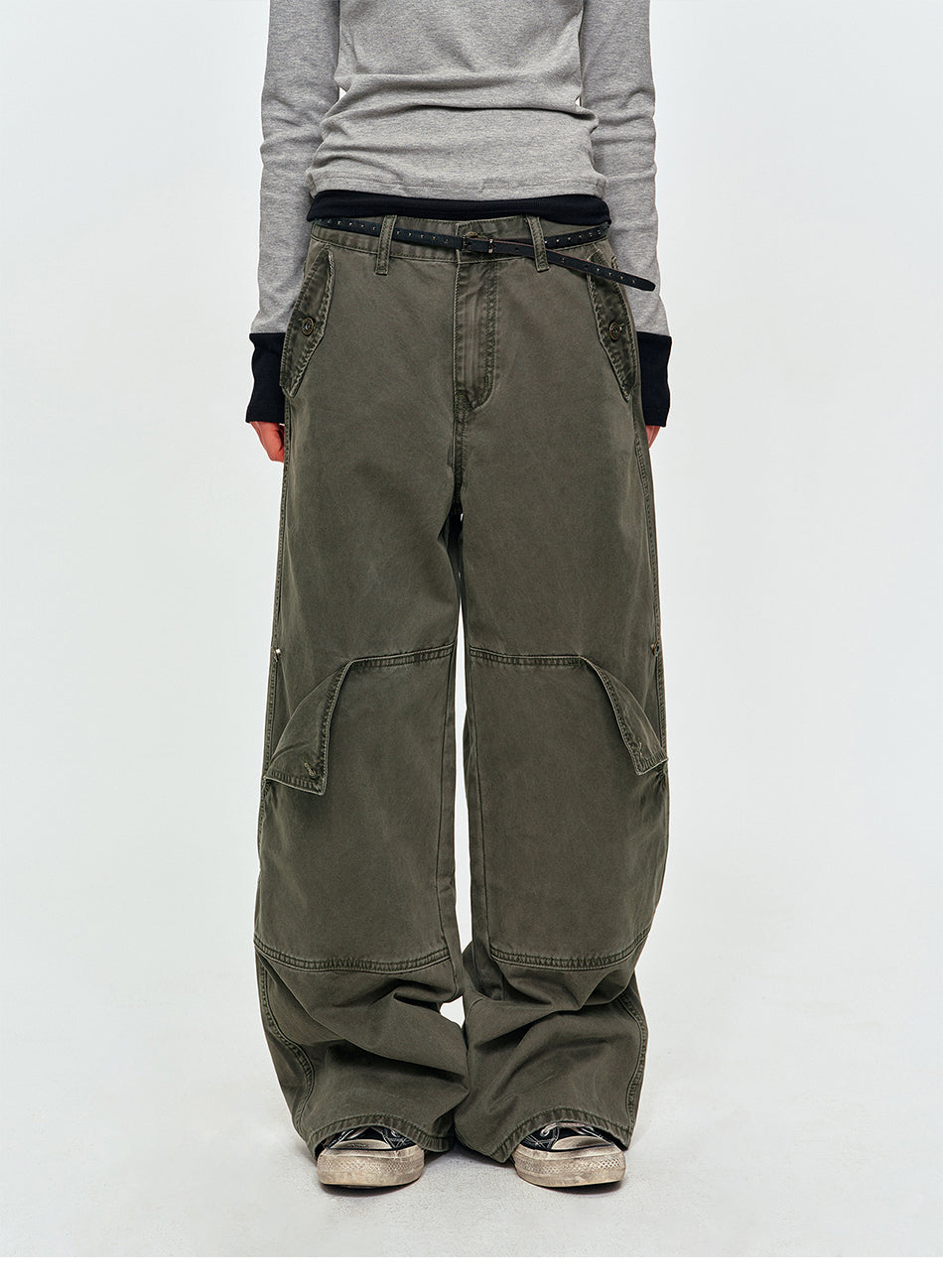 MADWITCH WASHED PANELED WIDE-LEG CARGO PANTS #DR9621
