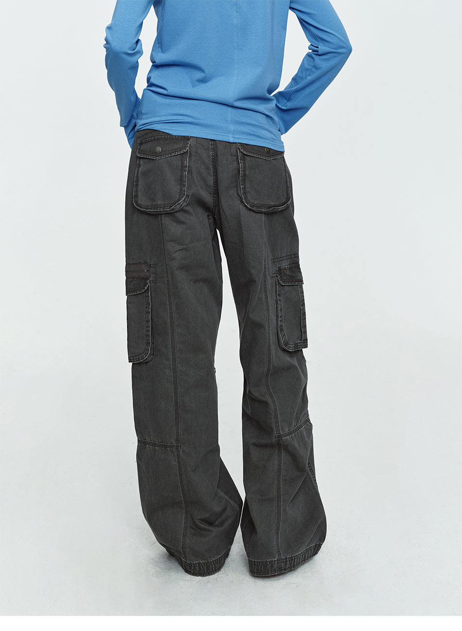 MADWITCH WASHED CONTRAST-STITCH WIDE-LEG CARGO PANTS #GPC61110N