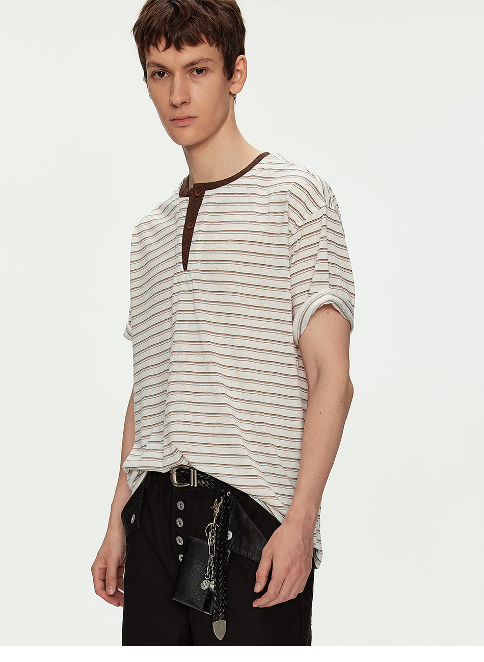 MADWITCH LINEN HENLEY STRIPE TEE #991382