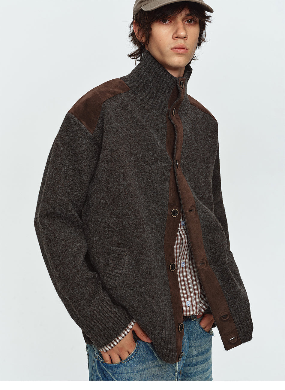 MADWITCH FAUX-SUEDE PANEL STAND-COLLAR KNIT CARDIGAN #991523