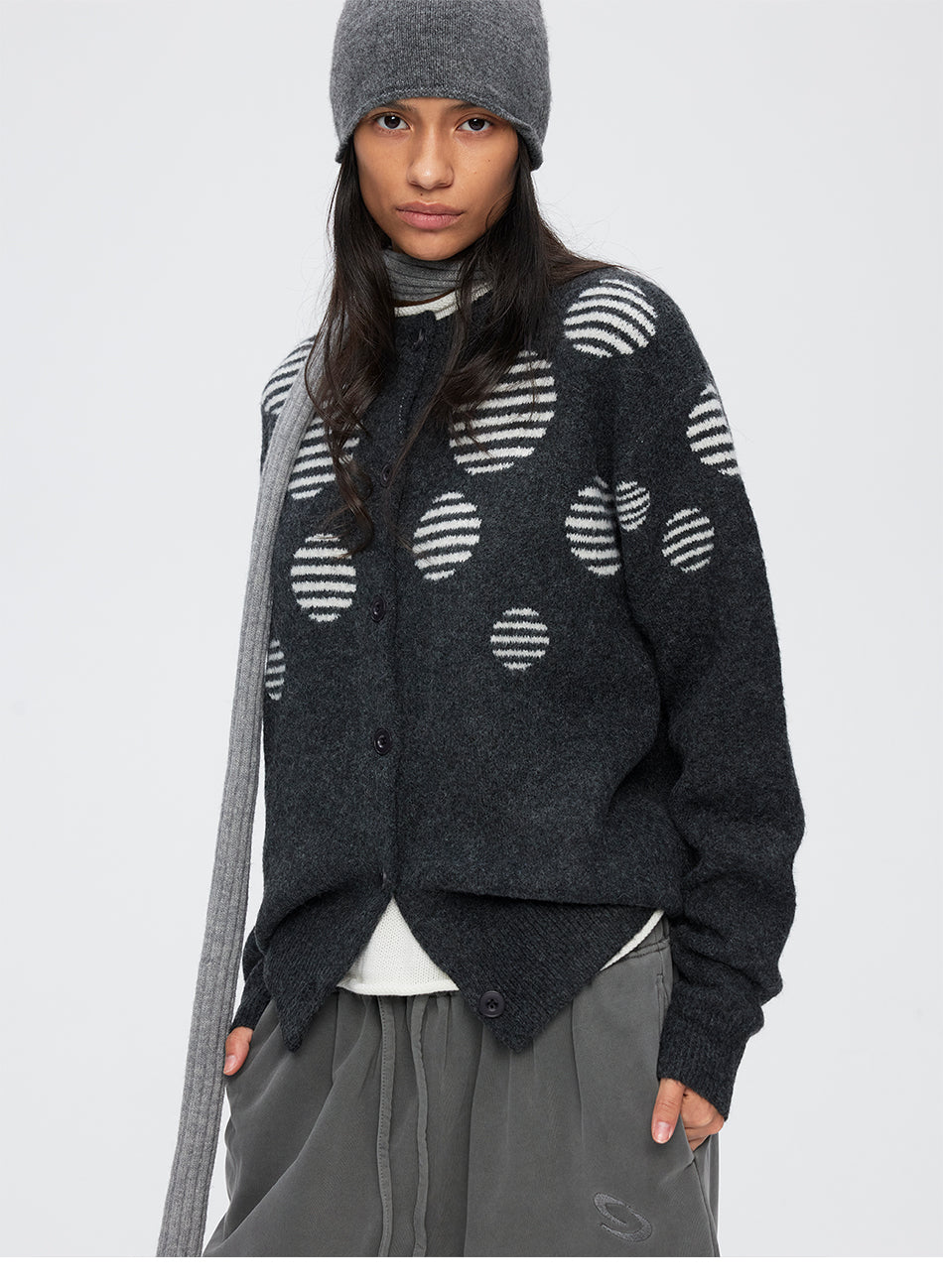 MADWITCH POLKA-DOT JACQUARD CREWNECK RELAXED BUTTON CARDIGAN #27630